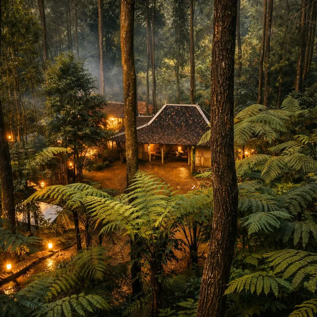 Rumah joglo Pasar Mistis di tengah hutan pakis dengan lampu temaram